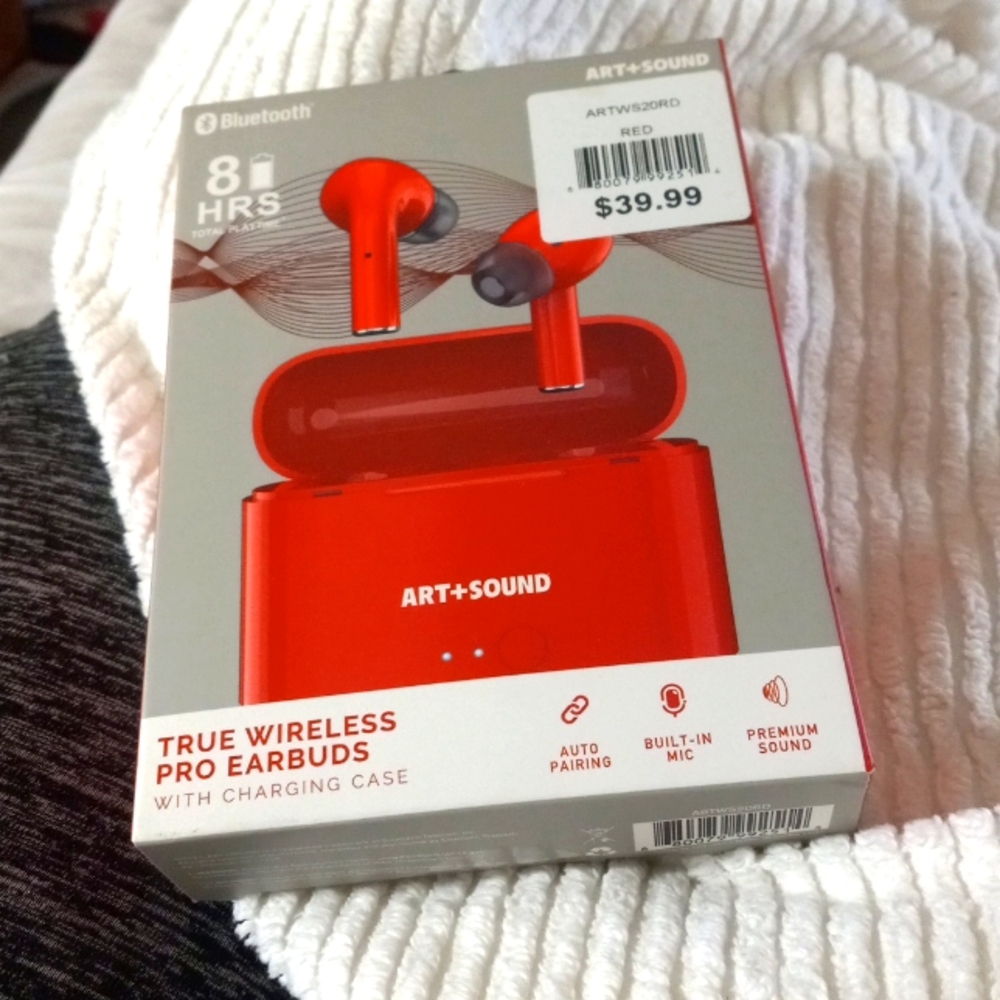 ART + SOUND Bluetooth True Wireless Pro Ear Buds Red Built-In Mic w/Charge Case